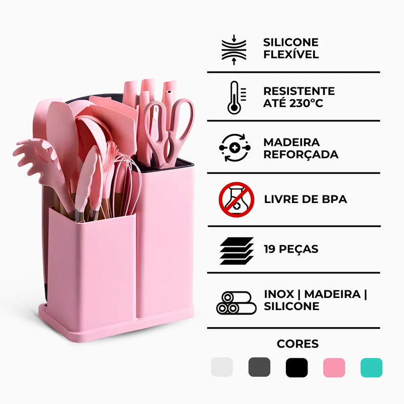 Kit Utensílios de Cozinha 19 Peças Silicone