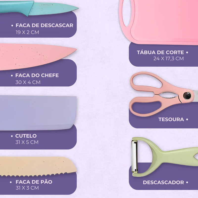 Conjunto de Facas 7 Peças Aço Inoxidável Colorido