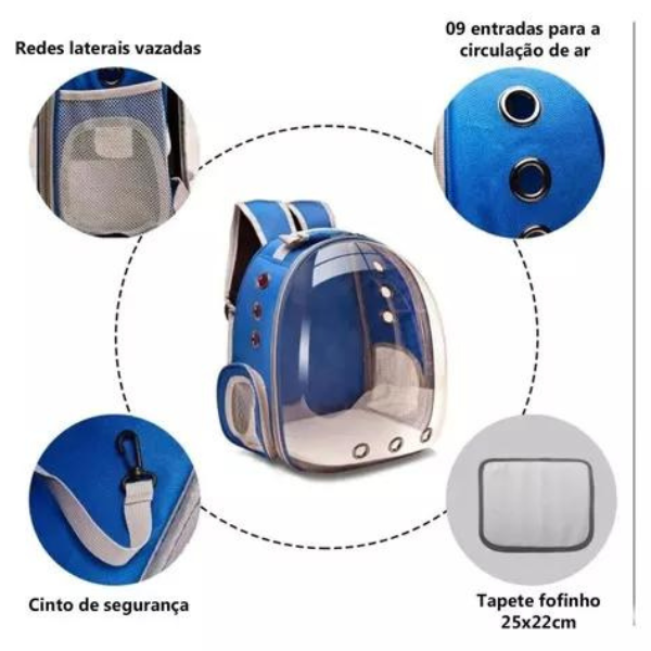 Mochila Pet Para Transporte de Cães E Gatos (COR AZUL)