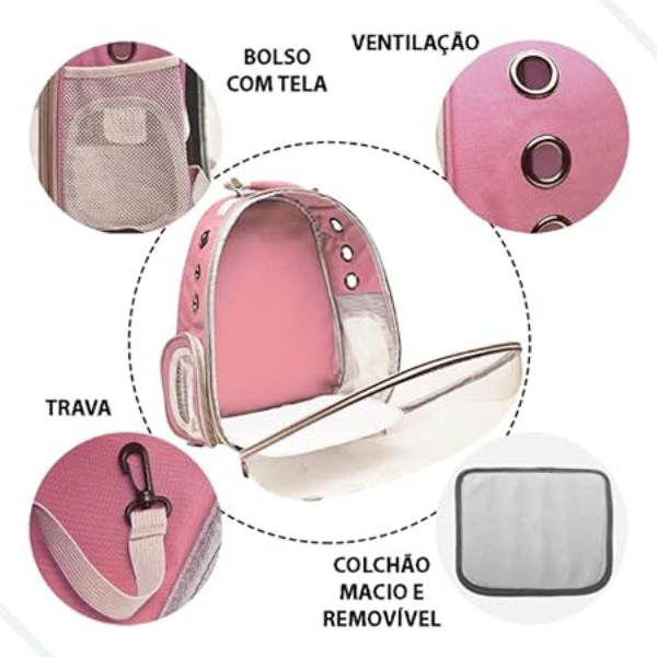 Mochila Pet Para Transporte de Cães E Gatos (COR ROSA)